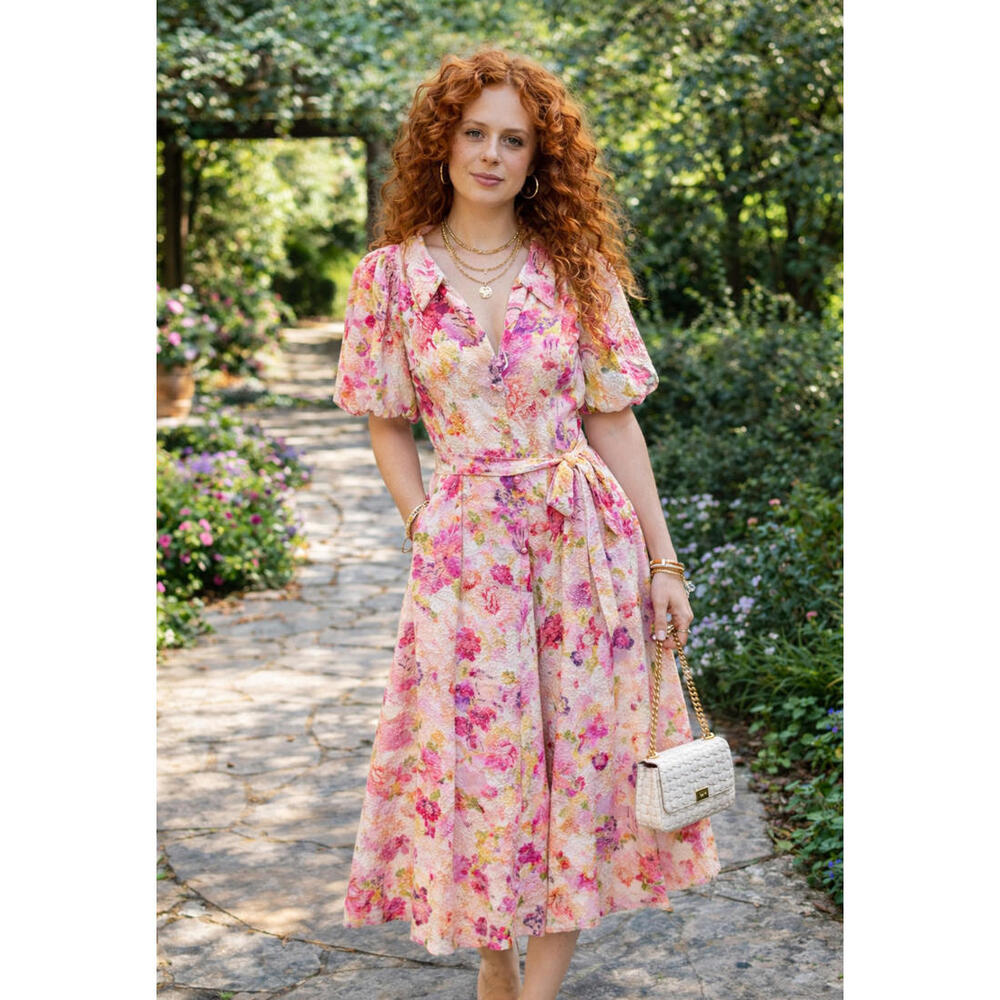 Badgley Mischka Floral Midi Shirt Dress Puff Sleeve Belted Size 4 Lace $650 - Picture 1 of 5
